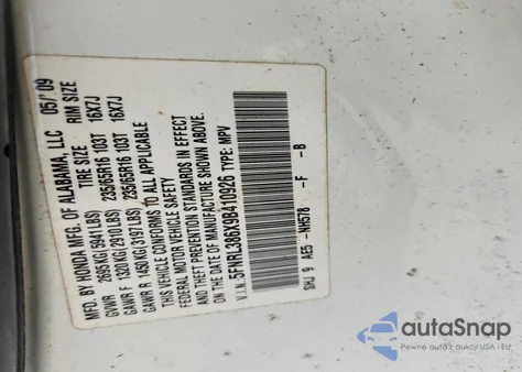 2009 Honda Odyssey Exl z USA, uszkodzony, nr VIN 5FNRL386X9B410926